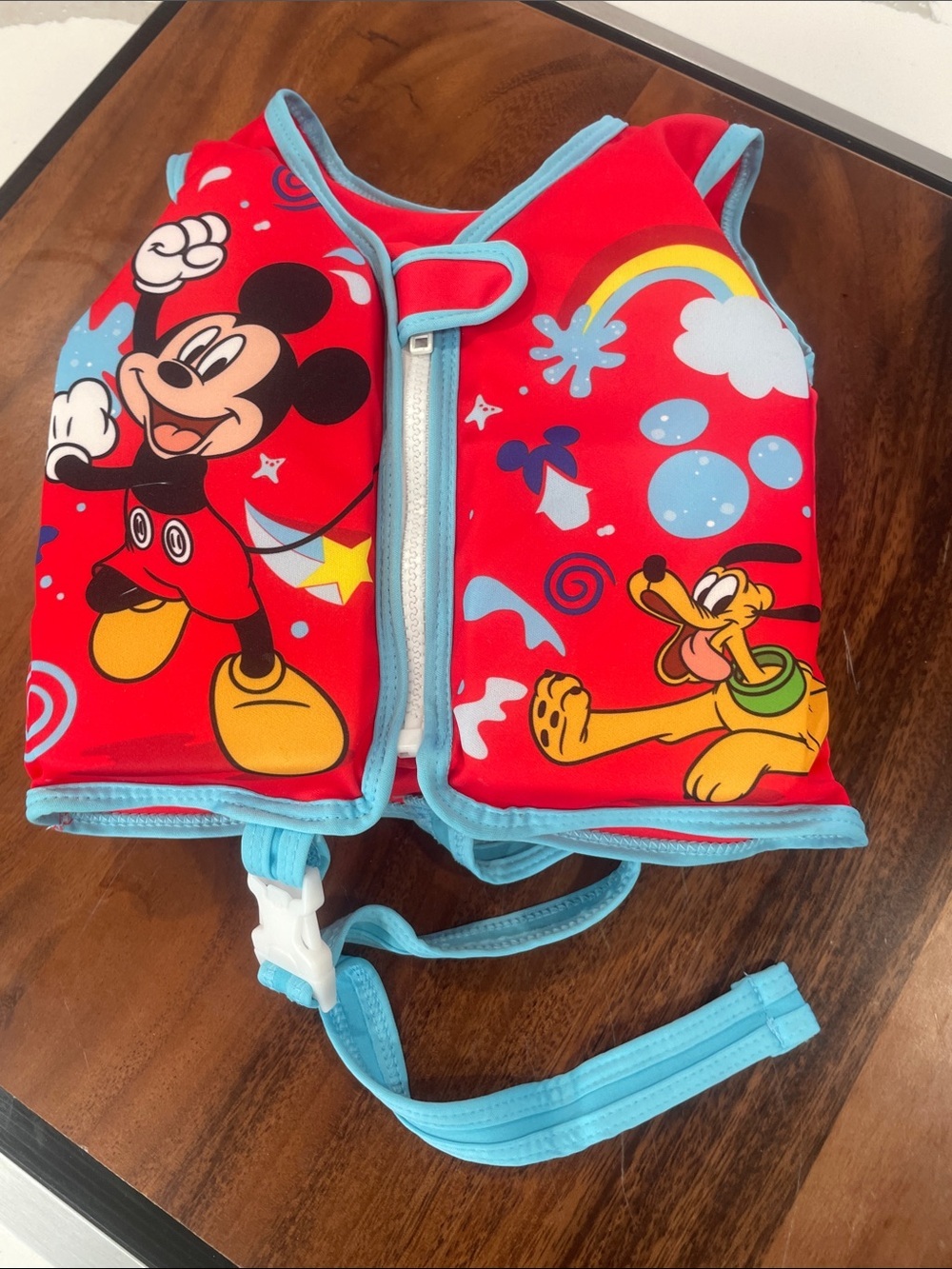 Disney Red Kids Swim Vest with Mickey & Pluto and Light Blue Trim